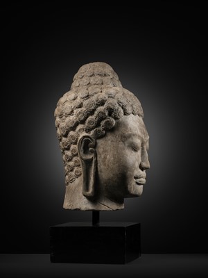 Lot 252 - A RARE AND LARGE SANDSTONE HEAD OF BUDDHA, MON DVARAVATI