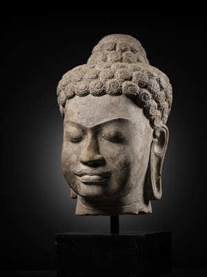 Lot 252 - A RARE AND LARGE SANDSTONE HEAD OF BUDDHA, MON DVARAVATI