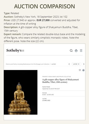 Lot 17 - A GILT-BRONZE FIGURE OF SHAKYAMUNI BUDDHA, TIBET, 15TH – 16th CENTURY