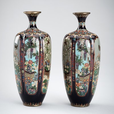 Lot 116 - A PAIR OF SMALL HEXAGONAL CLOISONNÉ VASES WITH FLORAL PANELS