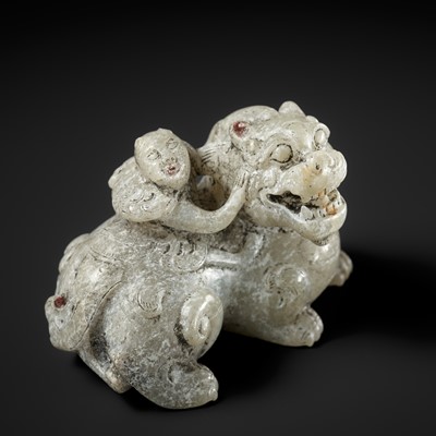 AN EXCELLENT WHITE JADE ‘BIXIE AND IMMORTAL’ CARVING, HAN DYNASTY