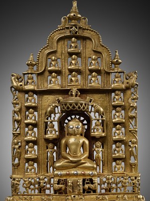 Lot 282 - A JAIN SILVER- AND COPPER-INLAID BRASS ALTARPIECE OF TIRTHANKARA ANANTANATHA, DATED 1456