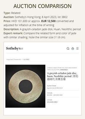 Lot 139 - A MOTTLED WHITE AND RUSSET JADE DISK, BI, QIJIA CULTURE