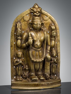 Lot 288 - A BRASS DEVOTIONAL PLAQUE DEPICTING VIRABHADRA, 17TH CENTURY