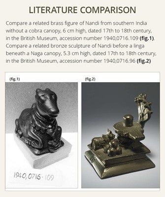 Lot 289 - A BRASS FIGURE OF NANDI CANOPIED BY A CROWNED NAGA, INDIA, 17TH CENTURY