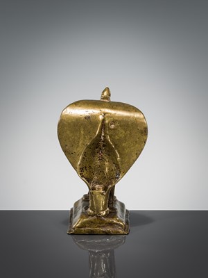 Lot 289 - A BRASS FIGURE OF NANDI CANOPIED BY A CROWNED NAGA, INDIA, 17TH CENTURY