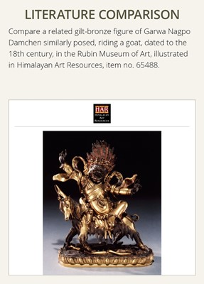 Lot 19 - A GILT-BRONZE FIGURE OF GARWA NAGPO DAMCHEN, TIBET, 17TH-18TH CENTURY