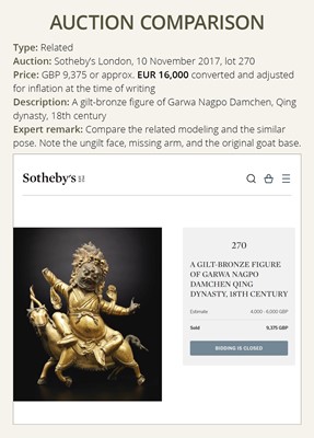 Lot 19 - A GILT-BRONZE FIGURE OF GARWA NAGPO DAMCHEN, TIBET, 17TH-18TH CENTURY