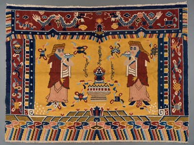 Lot 1605 - A NINGXIA WOOL CARPET WITH LAMA BLOWING A CONCH