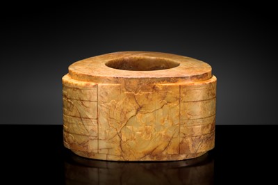 AN UNUSUALLY LARGE AND MASSIVE (15.9 KG) LIANGZHU-STYLE FOUR-TIERED YELLOW-RUSSET JADE CONG