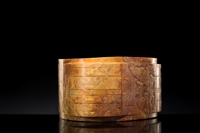 AN UNUSUALLY LARGE AND MASSIVE (15.9 KG) LIANGZHU-STYLE FOUR-TIERED YELLOW-RUSSET JADE CONG