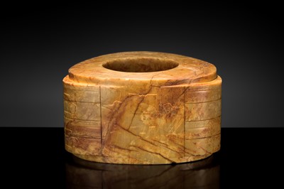 AN UNUSUALLY LARGE AND MASSIVE (15.9 KG) LIANGZHU-STYLE FOUR-TIERED YELLOW-RUSSET JADE CONG