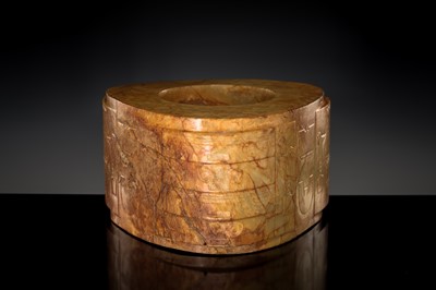 AN UNUSUALLY LARGE AND MASSIVE (15.9 KG) LIANGZHU-STYLE FOUR-TIERED YELLOW-RUSSET JADE CONG