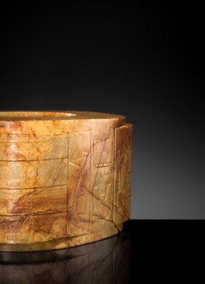 AN UNUSUALLY LARGE AND MASSIVE (15.9 KG) LIANGZHU-STYLE FOUR-TIERED YELLOW-RUSSET JADE CONG