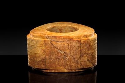 AN UNUSUALLY LARGE AND MASSIVE (15.9 KG) LIANGZHU-STYLE FOUR-TIERED YELLOW-RUSSET JADE CONG
