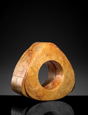 AN UNUSUALLY LARGE AND MASSIVE (15.9 KG) LIANGZHU-STYLE FOUR-TIERED YELLOW-RUSSET JADE CONG