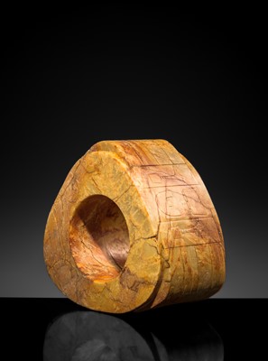 AN UNUSUALLY LARGE AND MASSIVE (15.9 KG) LIANGZHU-STYLE FOUR-TIERED YELLOW-RUSSET JADE CONG