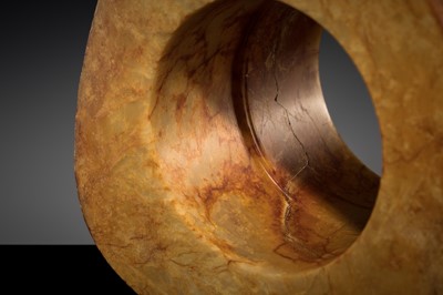 AN UNUSUALLY LARGE AND MASSIVE (15.9 KG) LIANGZHU-STYLE FOUR-TIERED YELLOW-RUSSET JADE CONG