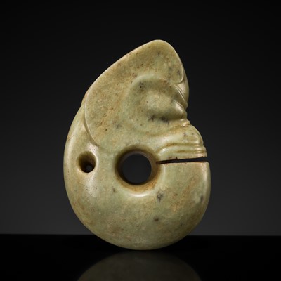 Lot 138 - A YELLOWISH-GREEN JADE ‘PIG-DRAGON’ PENDANT, ZHULONG, HONGSHAN CULTURE