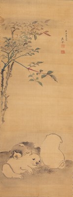 Lot 777 - A SCROLL PAINTING OF GAMBOLING PUPPIES, AFTER MARUYAMA OKYO, c. 1900s