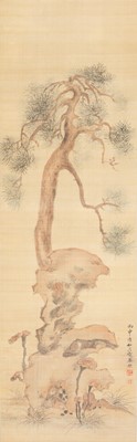 A SCROLL PAINTING OF A SCHOLAR’S ROCK UNDER A PINE TREE, AFTER URAGAMI SHUNKIN