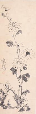 Lot 782 - A SCROLL PAINTING OF CHRYSANTHEMUM BLOOMS, AFTER IKE NO TAIGA, c. 1900s