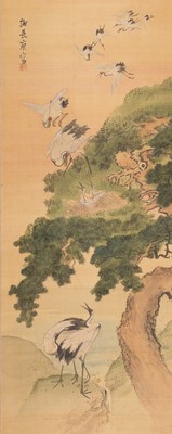 A SCROLL PAINTING OF CRANES AND PINE, AFTER YOSA BUSON, c. 1900s