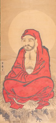 Lot 786 - A SCROLL PAINTING OF A MEDITATING DARUMA, AFTER TOYO SESSHU, c. 1900s