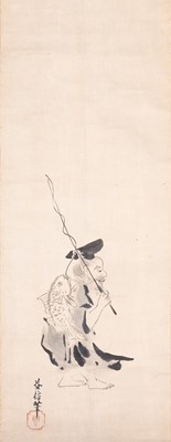 A SCROLL PAINTING OF A FISHERMAN WITH HIS CATCH, AFTER KANO MASANOBU