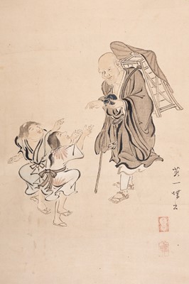 A SCROLL PAINTING OF A MONK AND CHILDREN, AFTER HANABUSA ITCHO, c. 1900s