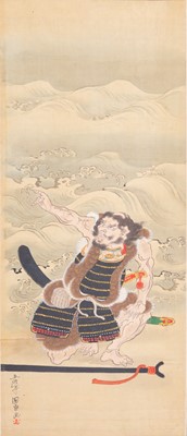 A SCROLL PAINTING OF A SAMURAI ONI, AFTER UTAGAWA KUNISADA, c. 1900s