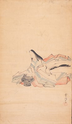 A SCROLL PAINTING OF A BIJIN READING A BOOK, AFTER KANO TSUNENOBU, c. 1900s