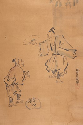 A SCROLL PAINTING OF MANZAI PERFORMERS, AFTER HANABUSA ITCHO, c. 1900s