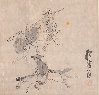 A SIGNED SCROLL PAINTING OF EDO TRAFFIC