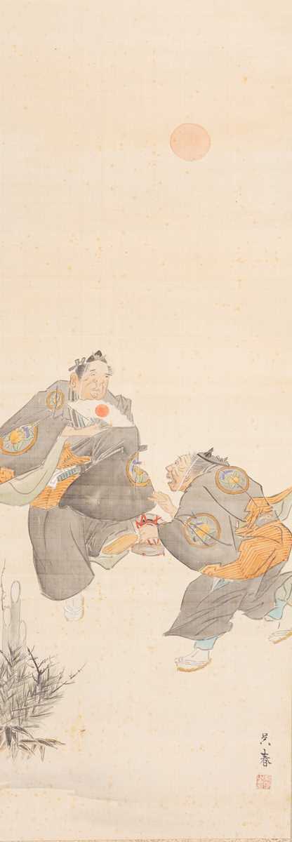Famous Manzai Lot 636 - A SCROLL PAINTING OF MANZAI PERFORMERS, c.