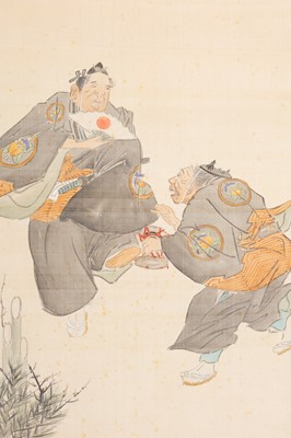 A SCROLL PAINTING OF MANZAI PERFORMERS, c. 1900s