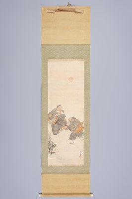 A SCROLL PAINTING OF MANZAI PERFORMERS, c. 1900s