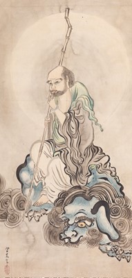 A SCROLL PAINTING OF A RAKAN SITTING ON A SHISHI, AFTER KUSUMI MORIKAGE