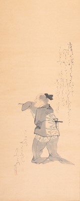 A SCROLL PAINTING OF A MANZAI DANCER, AFTER MATSUMARA GOSHUN, c. 1900s