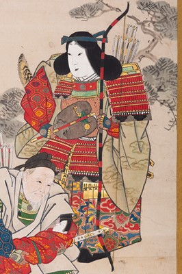 Lot 810 - A SCROLL PAINTING OF EMPRESS JINGU WITH TAKENOUCHI NO SUKUNE AND OJIN, AFTER ITAWA MATABEI