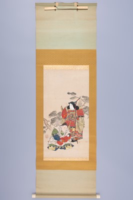 Lot 810 - A SCROLL PAINTING OF EMPRESS JINGU WITH TAKENOUCHI NO SUKUNE AND OJIN, AFTER ITAWA MATABEI