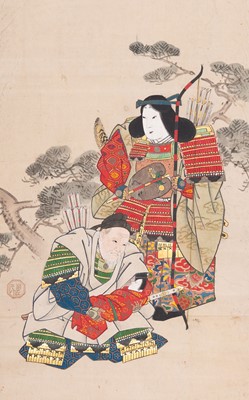 Lot 810 - A SCROLL PAINTING OF EMPRESS JINGU WITH TAKENOUCHI NO SUKUNE AND OJIN, AFTER ITAWA MATABEI