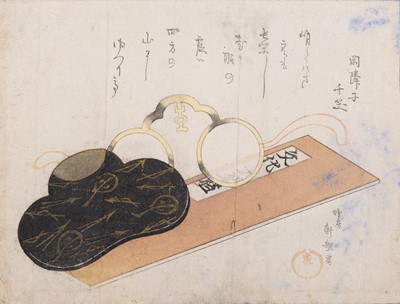 Lot 911 - HACHIFUSA SHURI: A SURIMONO OF SPECTACLES RESTING ON A BOOK