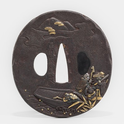 Lot 622 - SANETAKE: AN ARIKAWA SCHOOL IRON TSUBA WITH SHAKA ON A BOAT