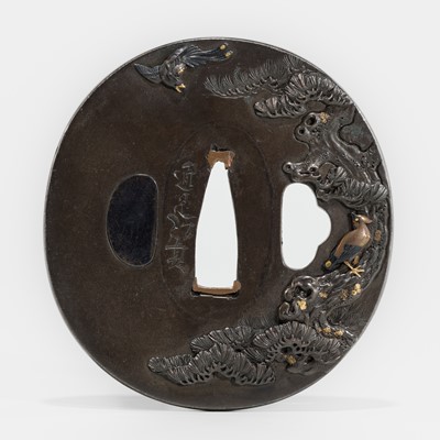 Lot 626 - HIROSADA: A FINE SHIBUICHI TSUBA WITH BIRDS AND PINE