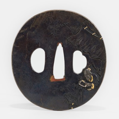 Lot 1578 - SHUNKADO MASAMORI: A SHIBUICHI TSUBA DEPICTING RIHAKU (LI BAI)