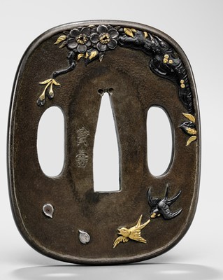 Lot 625 - HOJU: A SHIBUICHI TSUBA WITH SWALLOWS AND PRUNUS