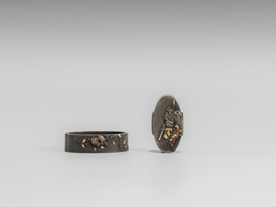 Lot 580 - NARA TOSHINAGA: A NARA SCHOOL SILVER FUCHI AND KASHIRA WITH SHOKI AND ONI