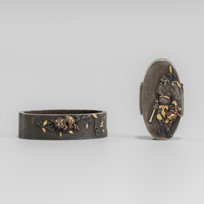 Lot 580 - NARA TOSHINAGA: A NARA SCHOOL SILVER FUCHI AND KASHIRA WITH SHOKI AND ONI