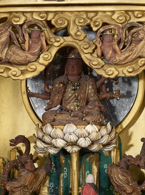 Lot 160 - A LACQUERED WOOD TRAVELING SHRINE, ZUSHI, WITH FOLDING DOORS AND GILT APPLICATIONS